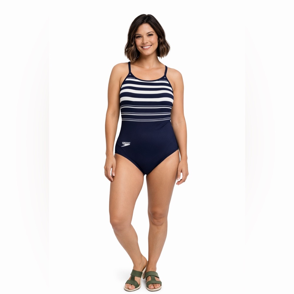 Speedo Blue and White One Piece Swimsuit with Nautical Stripes